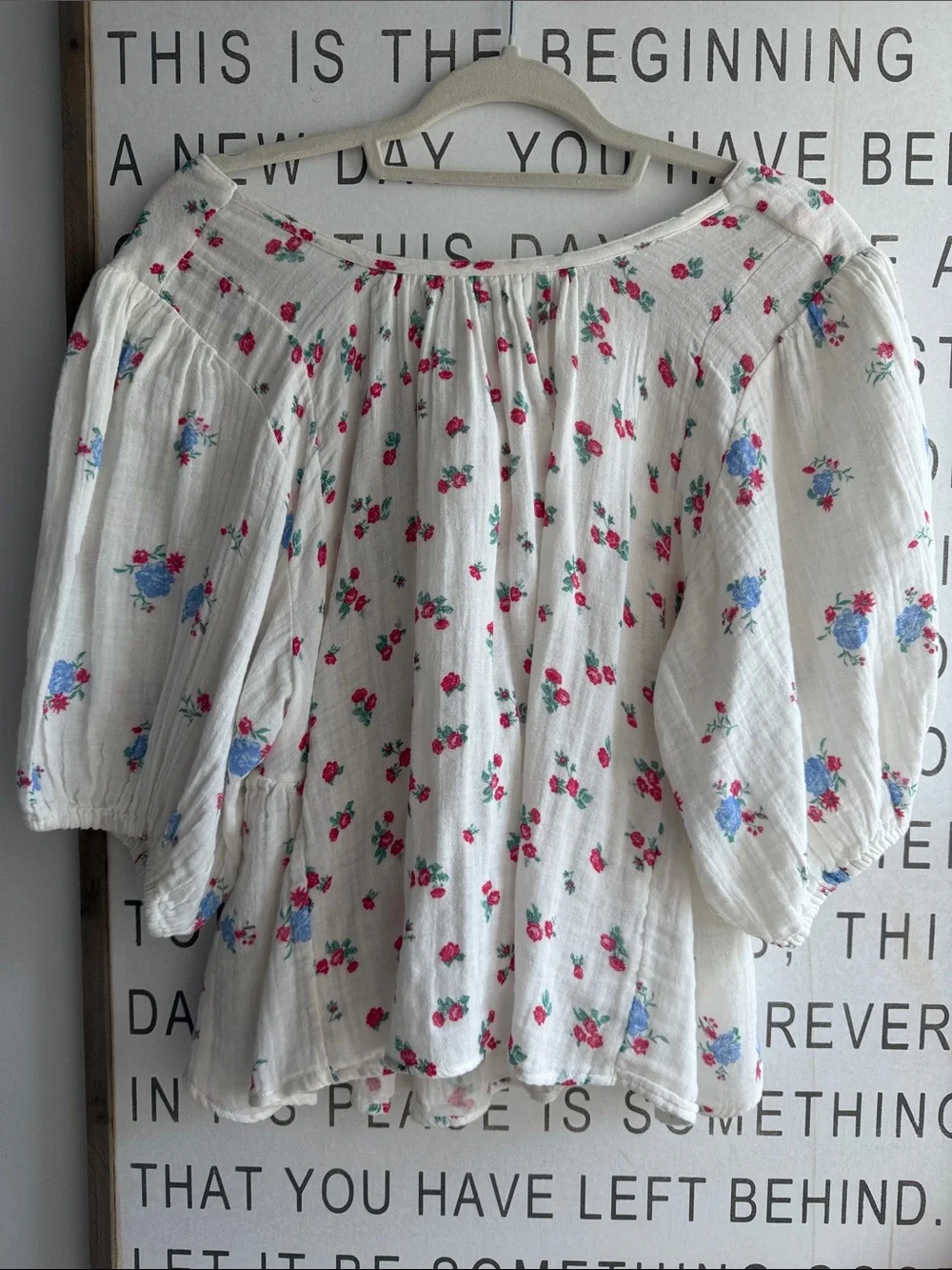 Free People White Floral Peasant Blouse with Pink & Blue Flowers